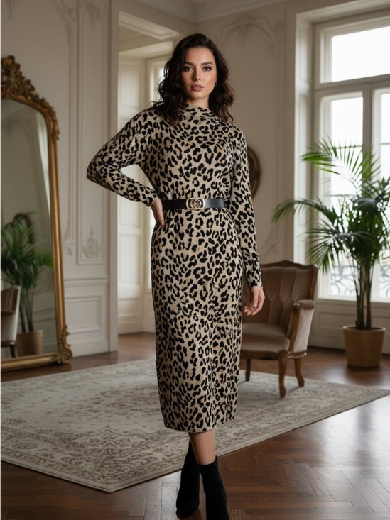 Nina Leonard Dresses & Skirts - Nina Leonard Leopard Print Midi Dress in Beige and Black